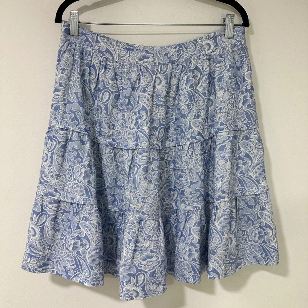 Soft Surroundings Skirt Womens Medium Blue White Floral Paisley Linen Tiered